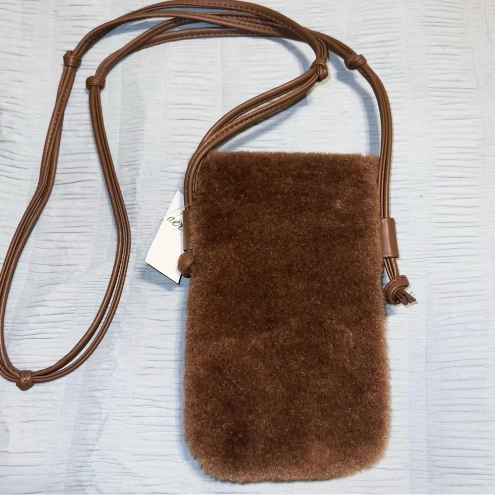 NWT Aerie Brown Faux Fur Crossbody Phone Pouch